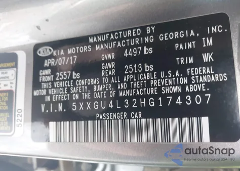 2017 Kia Optima Ex z USA, uszkodzony, nr VIN 5XXGU4L32HG174307